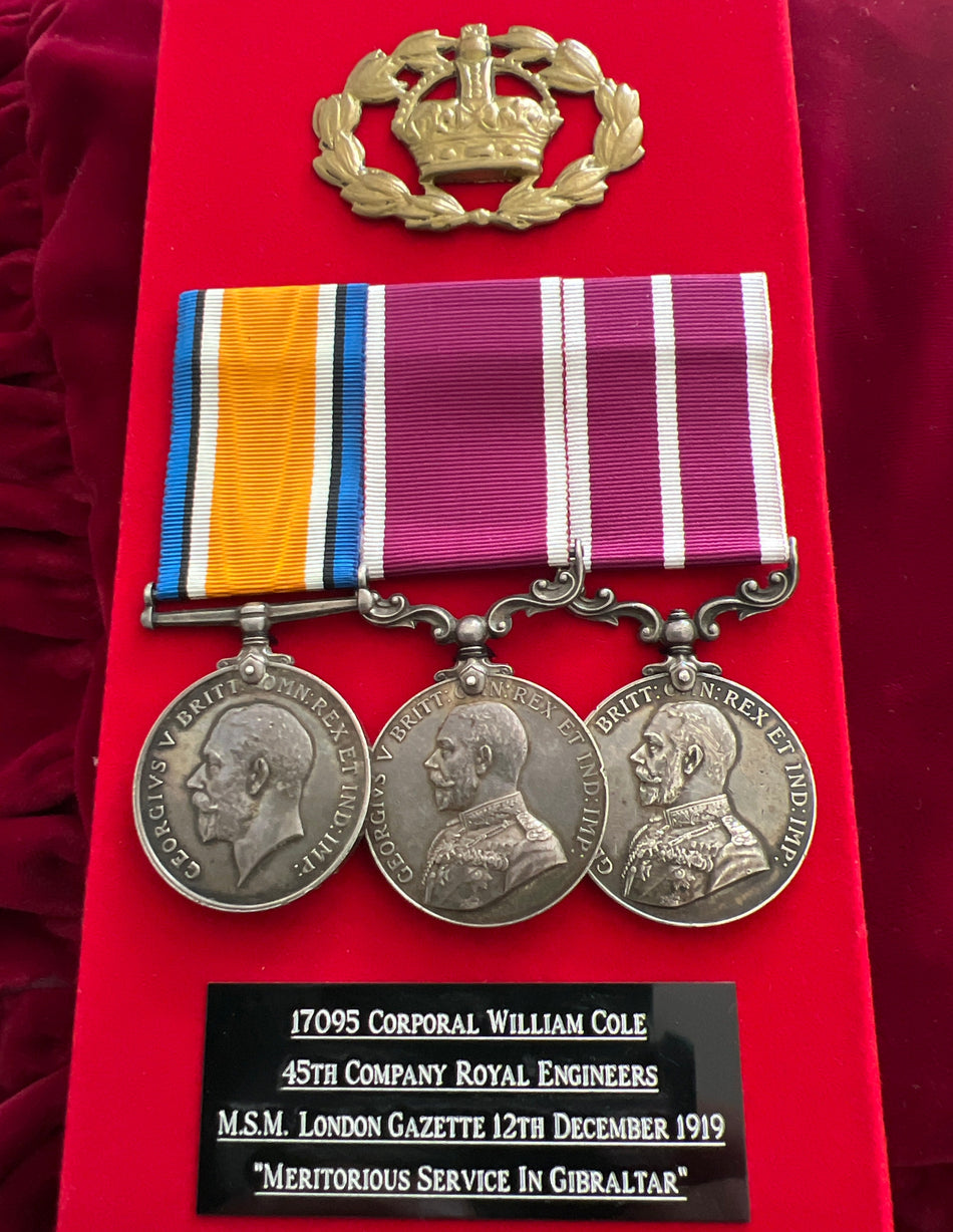 Group of 3 to 17095 Corporal William Cole, 45th Company, Royal Engineers, Meritorious Service Medal: London Gazette 12th December 1919, 'Meritorious Service in Gibraltar', see history
