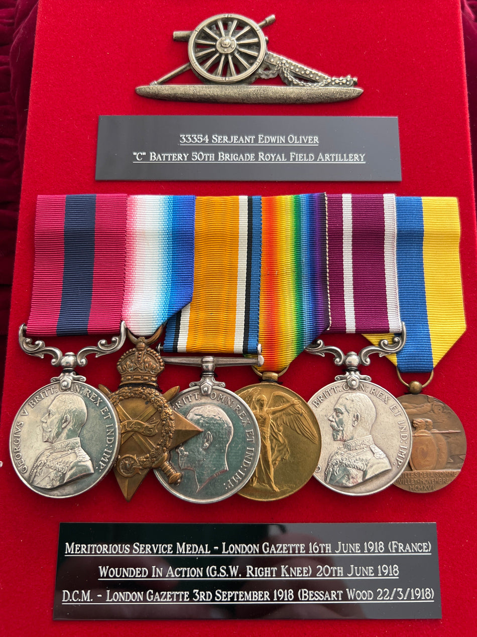 Serjeant Edwin Oliver, C Battery, 50th Brigade, RFA, DCM for actions at Bessart Wood, when all his detachment had been wounded, he continued to serve and fire his gun until the battery was withdrawn from action, MSM (France), gunshot wound to right knee