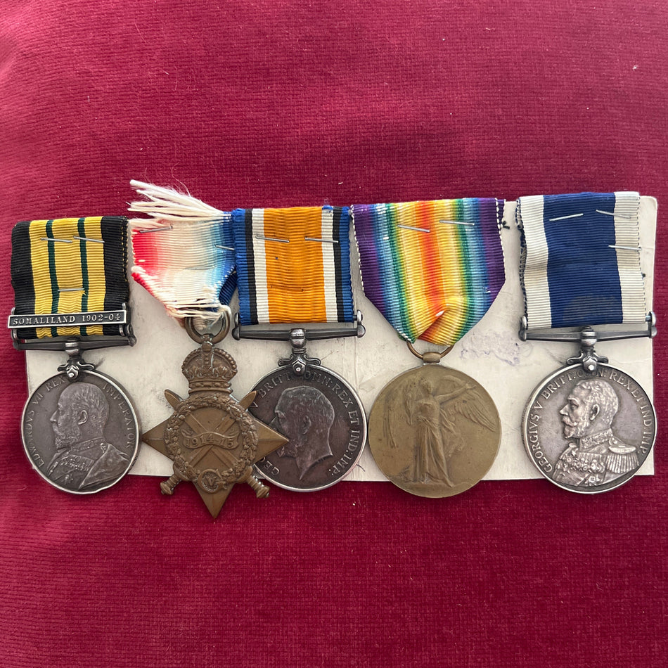 Royal Navy group of 5 to 297502 T. Bower, Stoker Petty Officer: Africa General Service Medal, Somaliland 1902-04 clasp, HMS Natal, 1914-15 Star Trio & Naval Long Service and Good Conduct Medal, HMS Vengeance