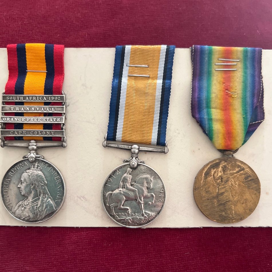 Group of three to 6158 Private B. Pick, Hampshire Regiment, later Driver B. Pick, Royal Artillery, Queen's South Africa Medal, 4 bars: Cape Colony, Orange Free State, Transvaal and South Africa 1902, British War Medal and Victory Medal