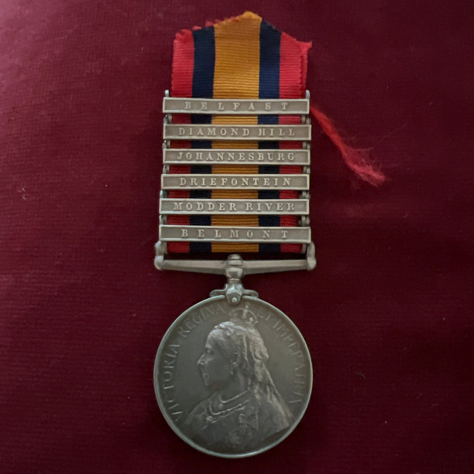 Queen's South Africa Medal, 6 clasps, to 9380 Pte E. Spence, Coldstream Guards, Belfast, Diamond Hill, Johannesburg, Driefontein, Modder River & Belmont