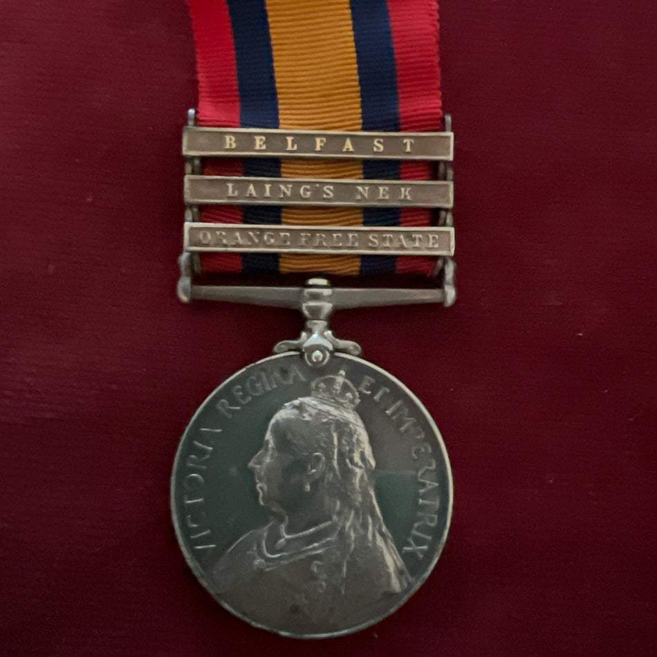 Queen's South Africa Medal, 3 clasps (Belfast, Laing's Nek & Orange Free State) to 1857 Trooper P. O. Sergfried, South African Light Horse