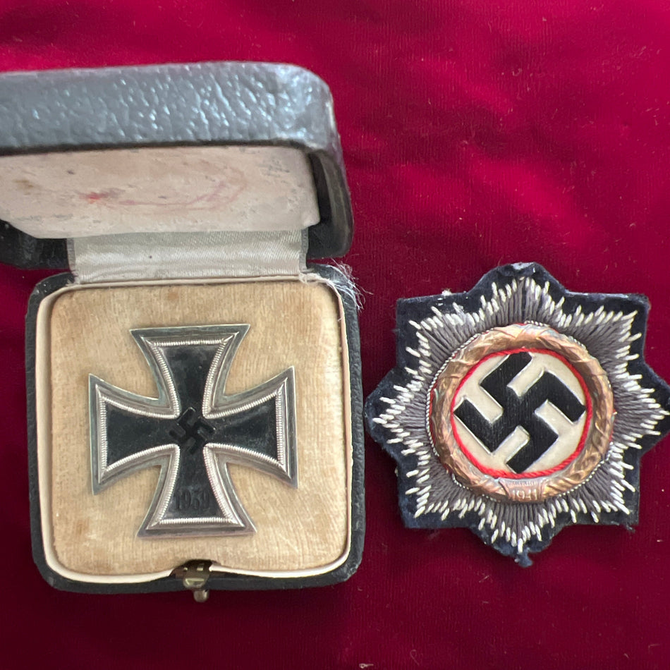 Nazi Germany, German Cross in cloth plus Iron Cross 1st class in original case, both came in together, note imprint in case, German Cross is believed to be a Kriegsmarine type, an interesting pair