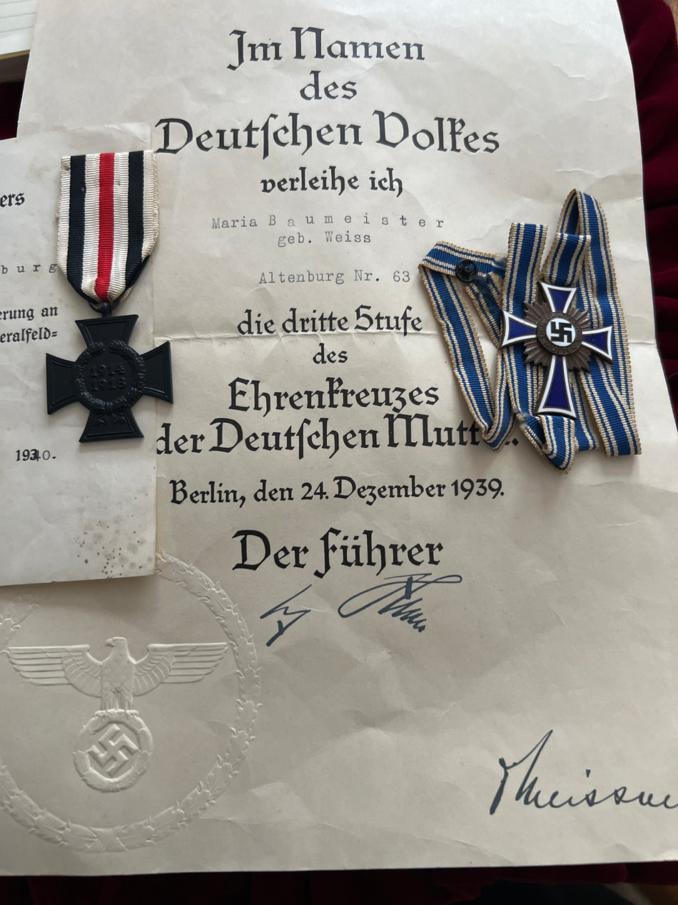 Nazi Germany, Next of Kin Cross with award document/ Mother's Cross in bronze with award document, to Maria Baumeister in Altenburg, an interesting pair