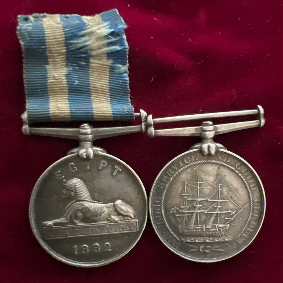 Egypt Medal 1882 no bar & Naval Long Service & Good Conduct Medal pair to Quarter Master J. Dooley, HMS Agincourt on Egypt, HMS Implacable on LSGC