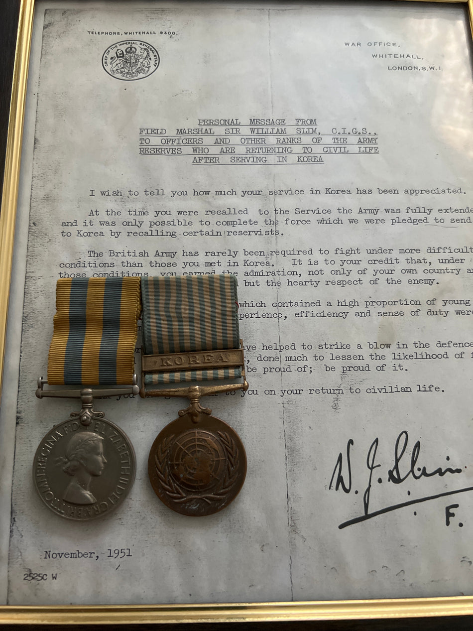 Scarce pair to 2118726 Private D. Wearn, Gloucester Regiment, Korea Medal with an original framed letter of thanks for service from Field Marshal Sir William Slim, given by the War Office for service rendered