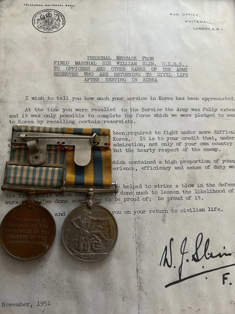 Scarce pair to 2118726 Private D. Wearn, Gloucester Regiment, Korea Medal with an original framed letter of thanks for service from Field Marshal Sir William Slim, given by the War Office for service rendered
