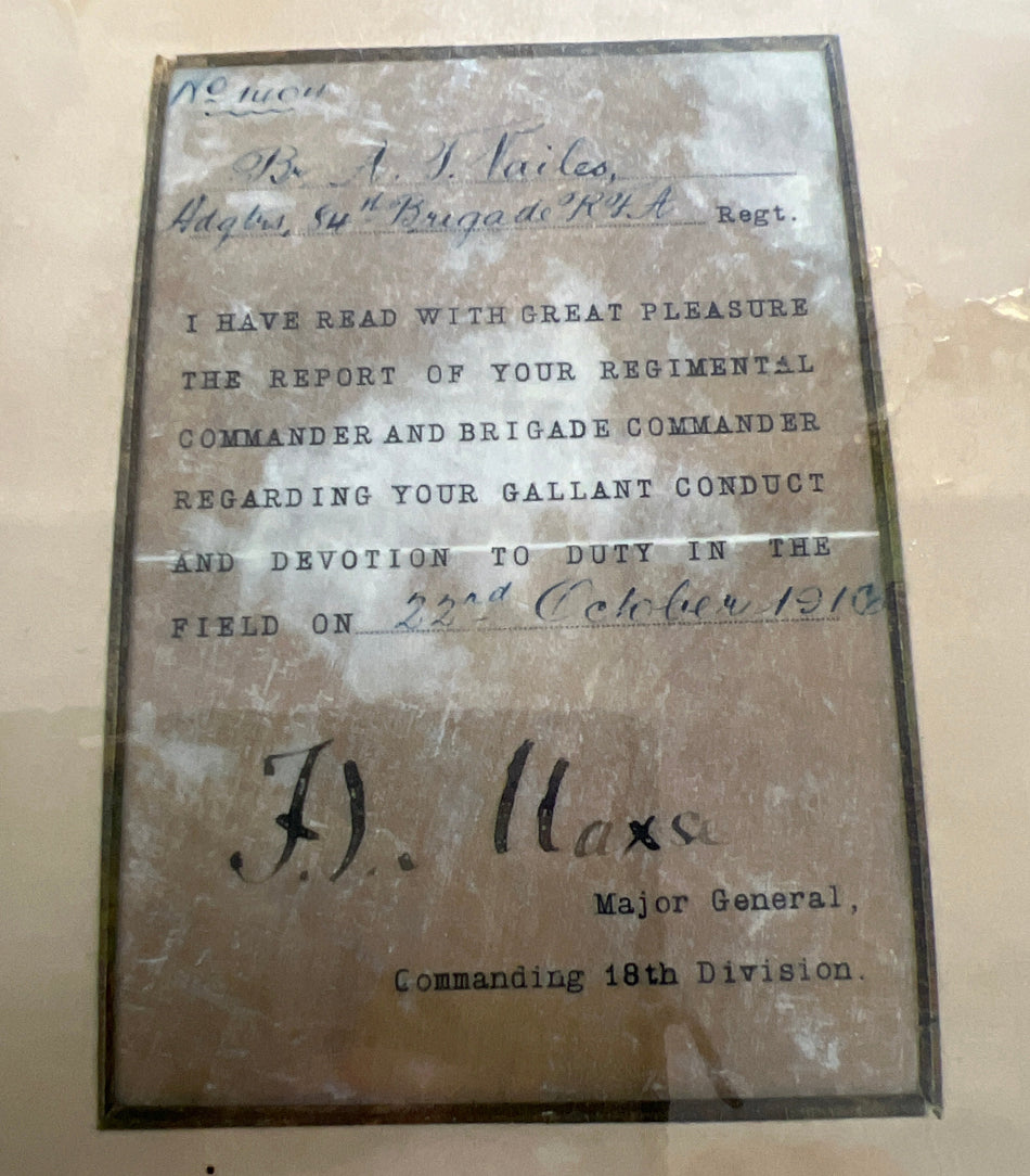 Group of 4 to 1404 Bombardier Albert Thomas Vailes, 84th Brigade, RFA, who came to the aid of wounded Lieut. J Philips and stayed with him under heavy fire until he was rescued, with original award document, letter from Lieut. Philips, and full history