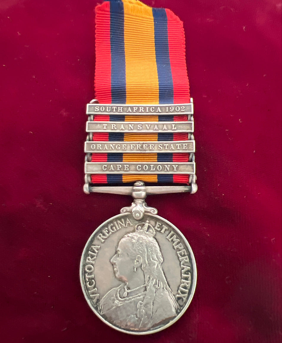 Queen's South Africa Medal, 4 bars, to 8934 Private A. Calder, Royal Scots