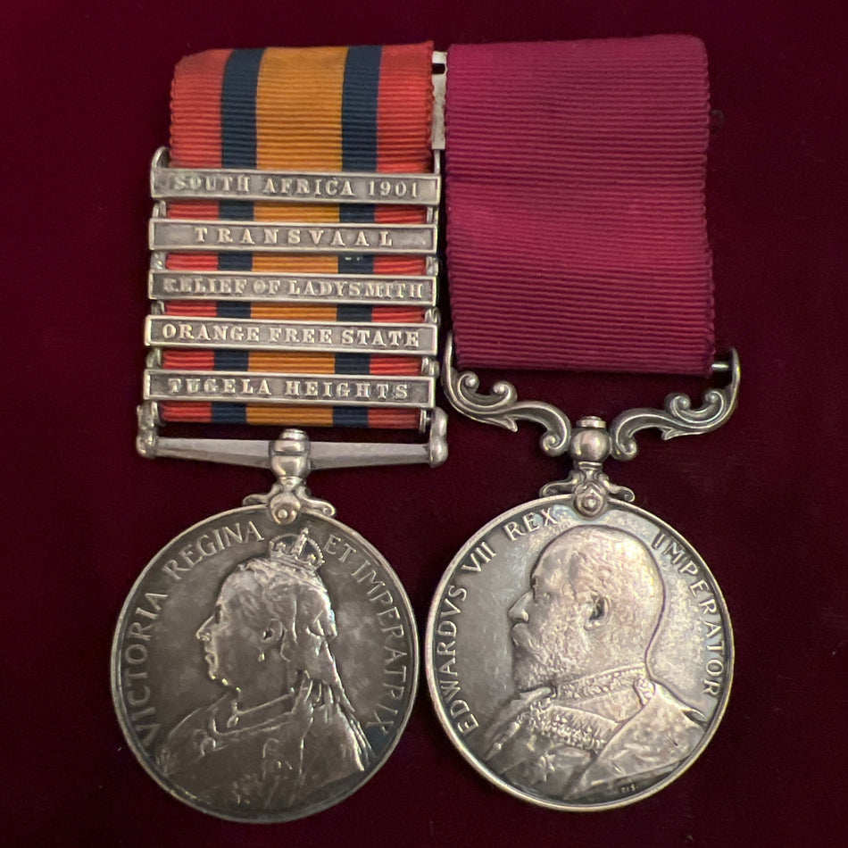 Queen’s South Africa Medal, five clasps, and Long Service and Good Conduct Medal pair to 3149 Trumpeter H. J. Hobbs, 13th Hussars; Long Service Medal named to 2846 Bandsman H. J. Hobbs, Irish Guards, a scarce early Long Service Medal to the Irish Guards