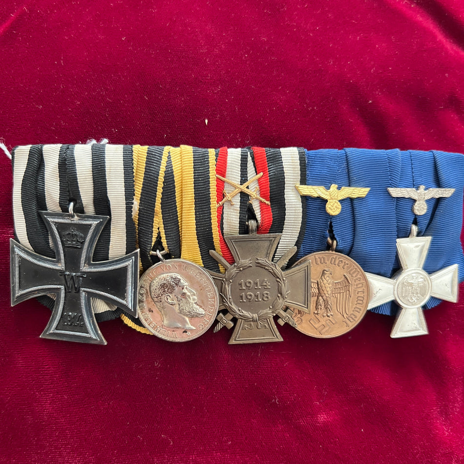 Imperial and Nazi Germany, group of five: Iron Cross 1914-18, Württemberg Silver Bravery Medal, Cross of Honour 1914-18 with swords, 12-Year Armed Forces Long Service Medal and 18-Year Armed Forces Long Service Cross