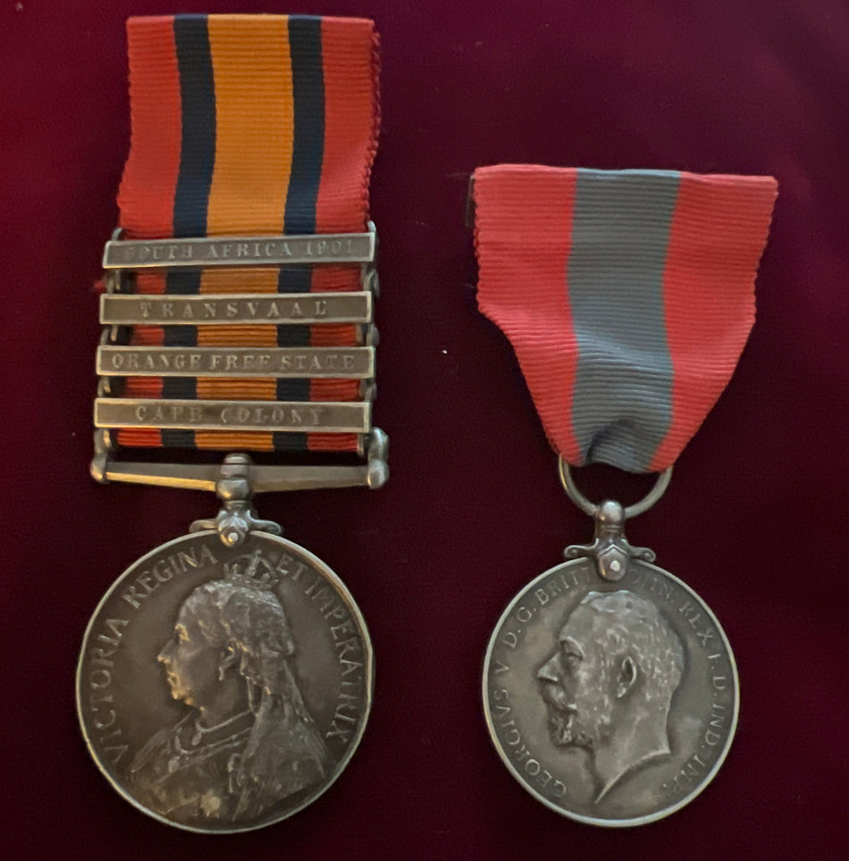 Queen’s South Africa Medal, four clasps, and George V Imperial Service Medal pair to 66068 Bombardier D. Williams, Royal Field Artillery; Imperial Service Medal named David Williams