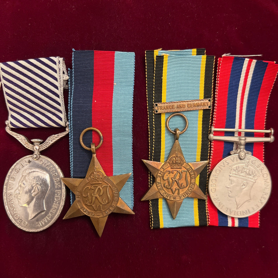 Distinguished Flying Medal group of 4 to 1394931 Flight Sergeant Roy Ronald Long, No. 35 Squadron, RAFVR, Halifax air gunner, 45 operational sorties, including strongly defended targets in Germany, London Gazette 15 September 1944, see description