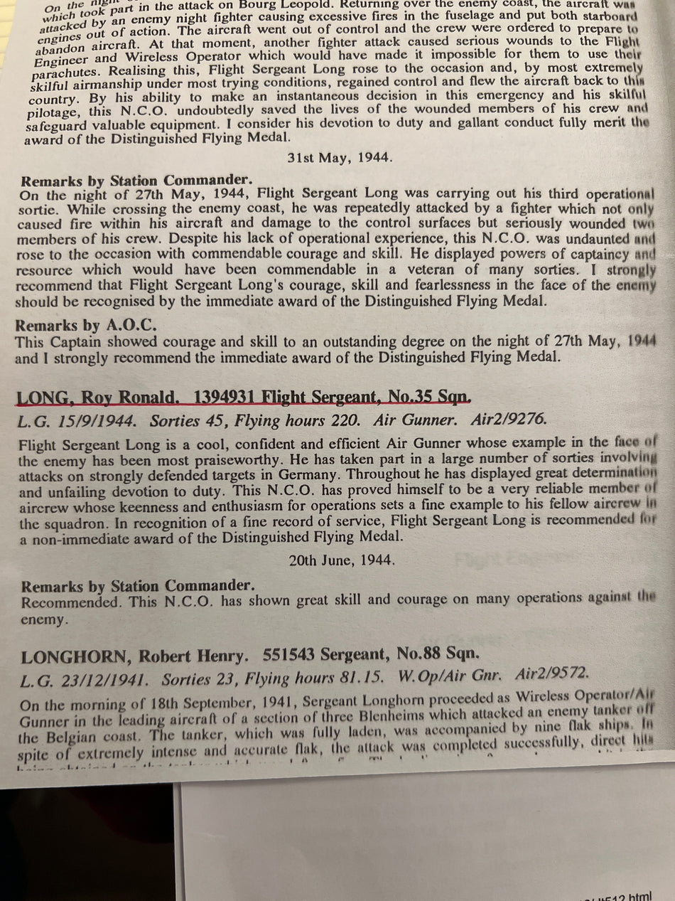 Distinguished Flying Medal group of 4 to 1394931 Flight Sergeant Roy Ronald Long, No. 35 Squadron, RAFVR, Halifax air gunner, 45 operational sorties, including strongly defended targets in Germany, London Gazette 15 September 1944, see description