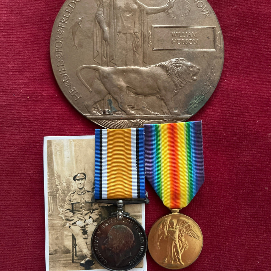 WW1 pair & Memorial Plaque to 53430 William Hobson, killed in action 28th June 1918 with the 15/ West Yorkshire Regiment, Hazebrouck Cemetery, France