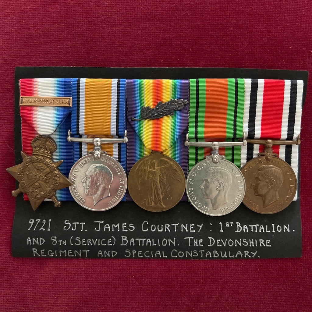 Group of 5 to 9721 Sergeant James Courtney, 1st Battalion & 8th (Service) Battalion, The Devonshire Regiment & Special Constabulary, MiD 22nd May 1917, France