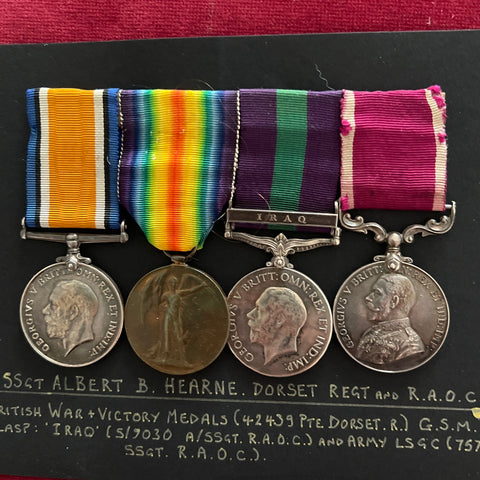 Group of 4 to Staff Sergeant Albert B. Hearne, British War & Victory medals (42439 Pte. Dorset Regt.), G.S.M. Iraq clasp (S/7030 A/SSgt. R.A.O.C.), Army LSCG (7574866 SSgt. R.A.O.C.), with history