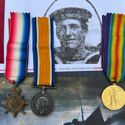 WW1 trio to 5420 Charles Clark, Royal Naval Reserve, His Majesty's Trawler Golden Spur, with full service papers