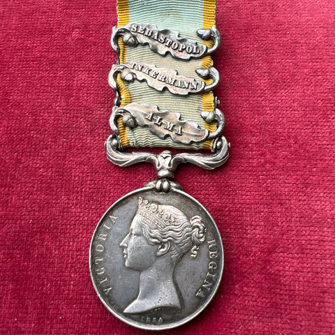 Crimea Medal, 3 bars: Sebastopol, Inkerman & Alma, to G. Luther, 4th Kings Own Regiment, engraved naming