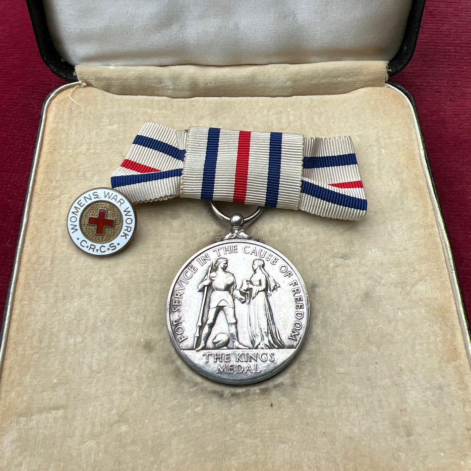 King's Medal for Service in the Cause of Freedom, on ladie's bow, with Womens War Work badge, Canadian Red Cross Society, in original case