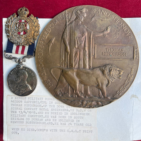 Military Medal to Sapper/ Lance Corporal Thomas Henderson, 50 Division, Signal  Company, Royal Engineers, died of wounds on 13th April 1918, buried in Ebblinghem Military Cemetery, born in South Shields, Co. Durham, includes Memorial Plaque & cap badge