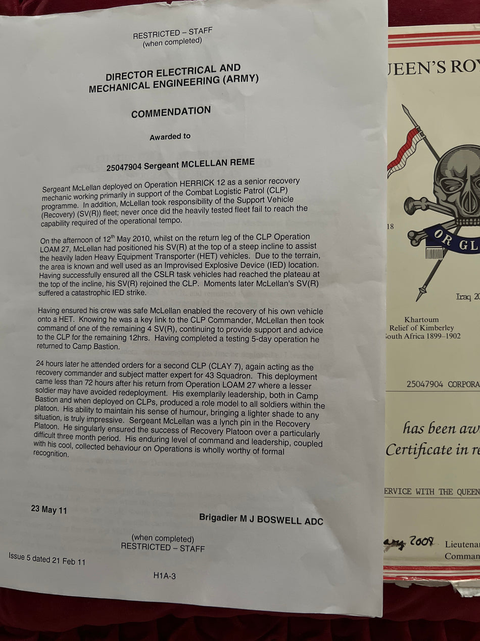 Group of 7 to 25047904 Sergeant L. D. McLellan, Royal Electrical Mechanical Engineers, awarded a commendation on 12th May 2010, see citation, comes with original photos, news cutting, and a certificate from the Queen’s Royal Lancers 11th January 2008