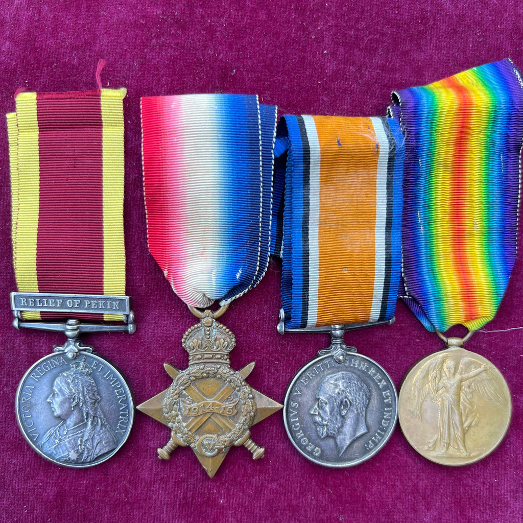 Group of 4 to 28714 Gunner Herbert Bramael Ledger, 12 Battery, Royal Field Artillery, China Medal: Relief of Pekin bar, later served WW1 Farrier Sergeant, 17 Royal Field Artillery, he came from Taunton, Somerset, includes full service papers