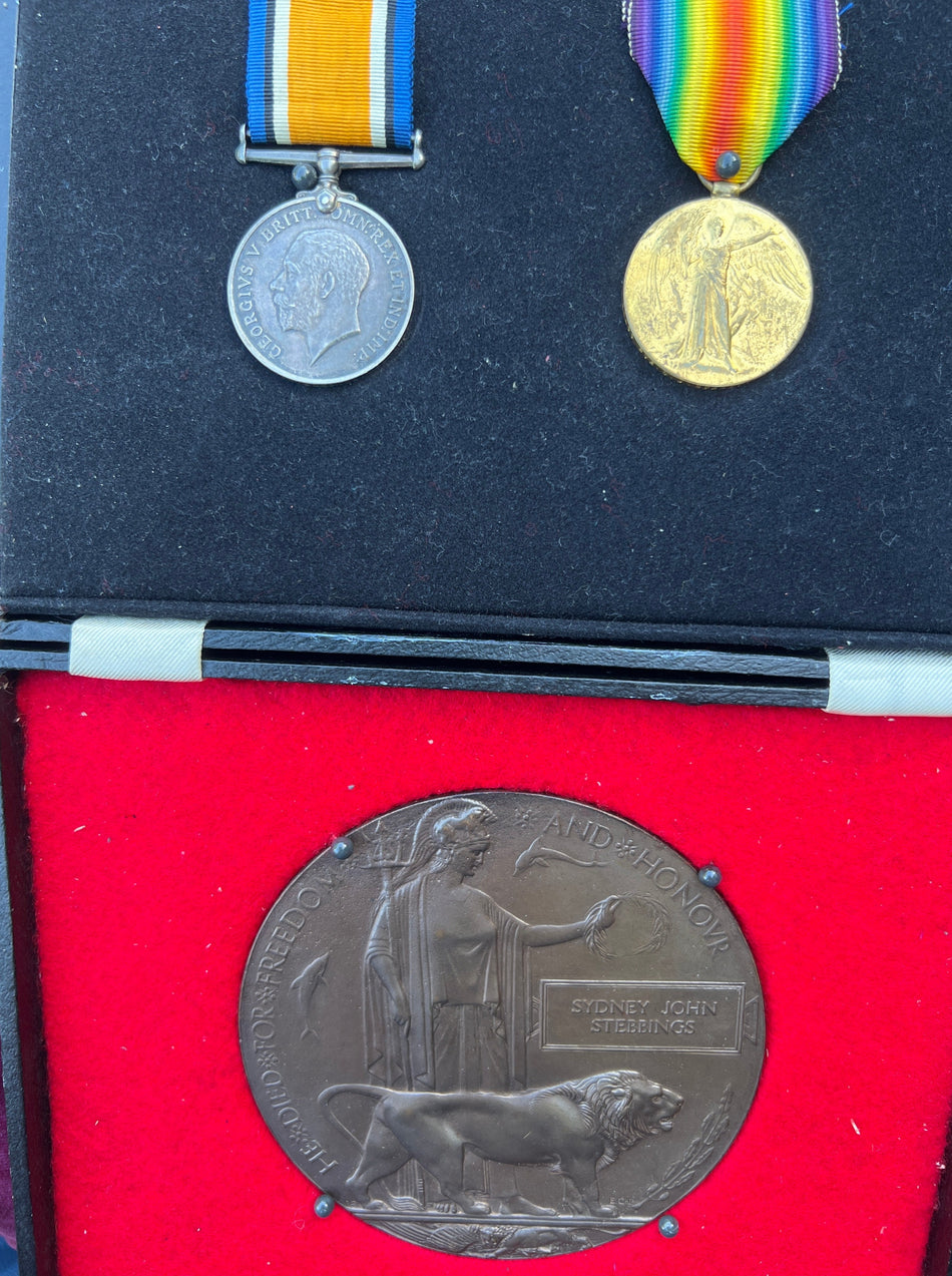 WW1 pair & Memorial Plaque to 25477 Pte. Sydney John Stebbings, 1st Battalion, Somerset Light Infantry, killed in action on 10th April 1917, Arras, France, aged 19