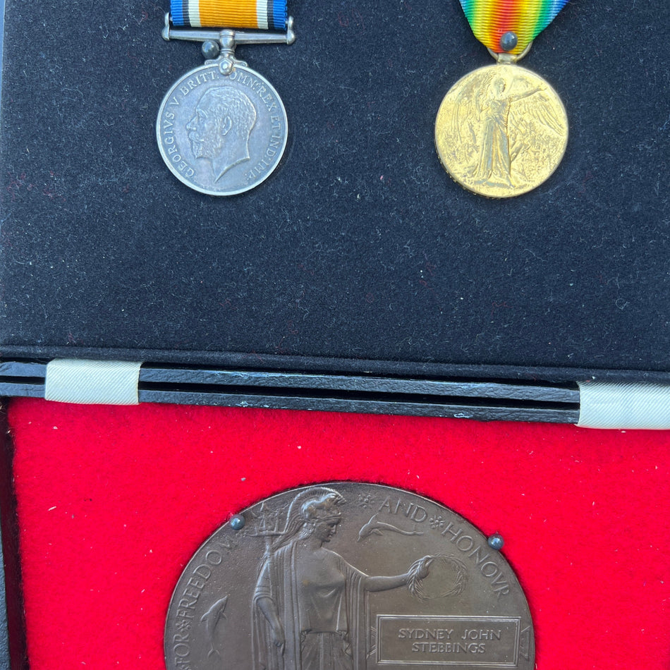 WW1 pair & Memorial Plaque to 25477 Pte. Sydney John Stebbings, 1st Battalion, Somerset Light Infantry, killed in action on 10th April 1917, Arras, France, aged 19