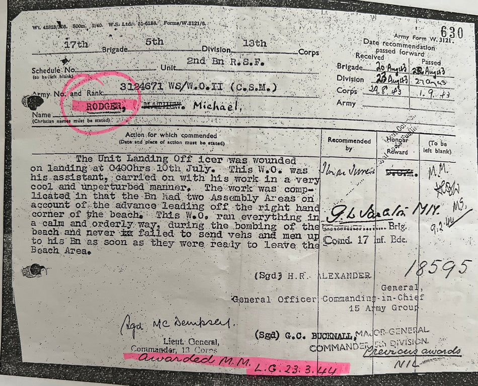 WW2 Sicily Military Medal group to Regimental Sergeant-Major Micheal Rodger, 2nd Bn., Royal Scots Fusiliers. A pre-war regular he had served with 1st Bn., in Palestine 1932-36. See description