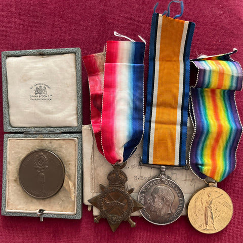 WW1 trio and bugling medallion named to Lance Corporal William Langridge, Berkshire Regiment, attached to 264 Railway Construction Company, with full service papers