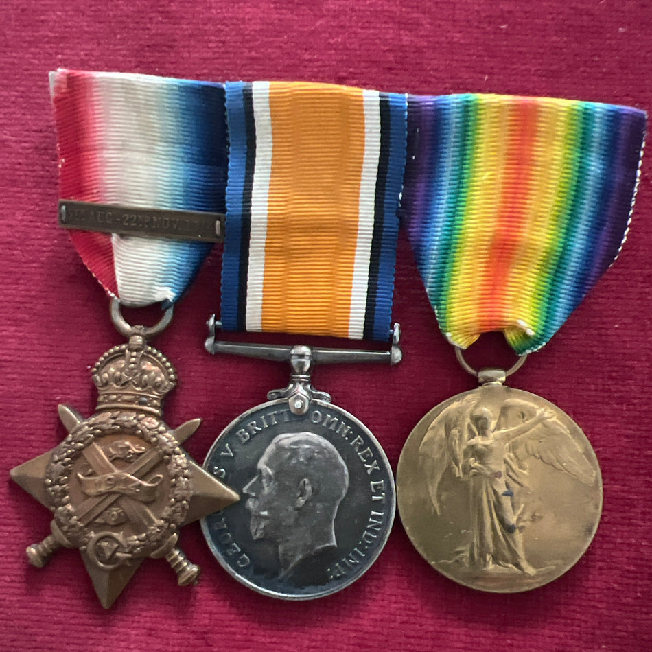 1914 Star with bar/ British War Medal/ Victory Medal trio to Pte. Louis Joseph Kemp, 2/ Royal Sussex Regiment, from Crowhurst 12th August 1914, see history