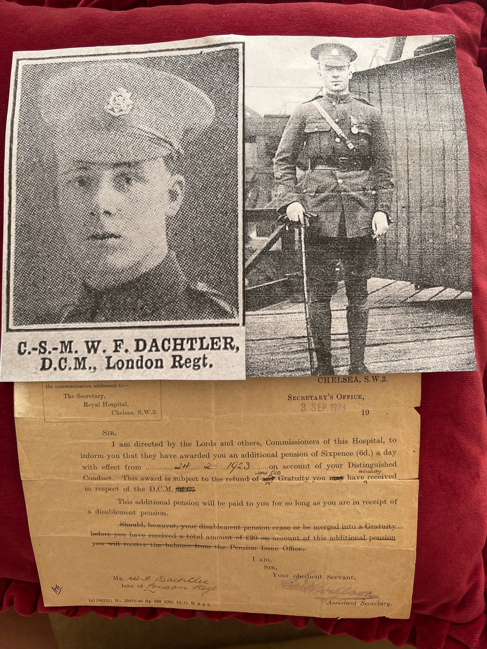 Distinguished Conduct Medal group of 4 to 3269 Colour Sergeant William Frederick Dachtler, 23rd (County of London) Bn., London Regiment, MiD LG 25/5/1917, DCM LG 17/4/1918 (reconnoitring enemy position), POW 24/3/1918, see full history with group