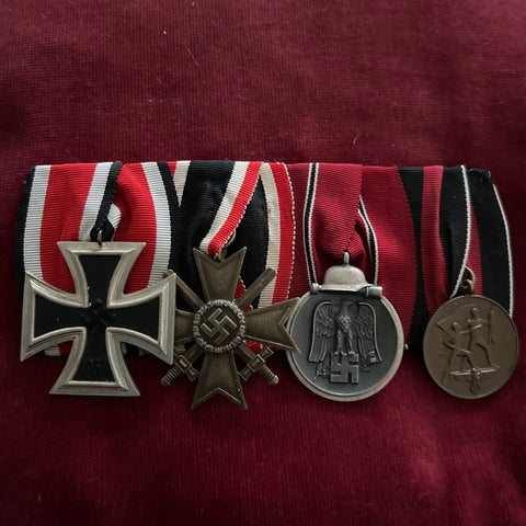 Nazi Germany, group of 4, Iron Cross 1939-45, War merit Cross with swords, Russian Front Medal & Entry into Czechoslovakia Medal, no pin to back