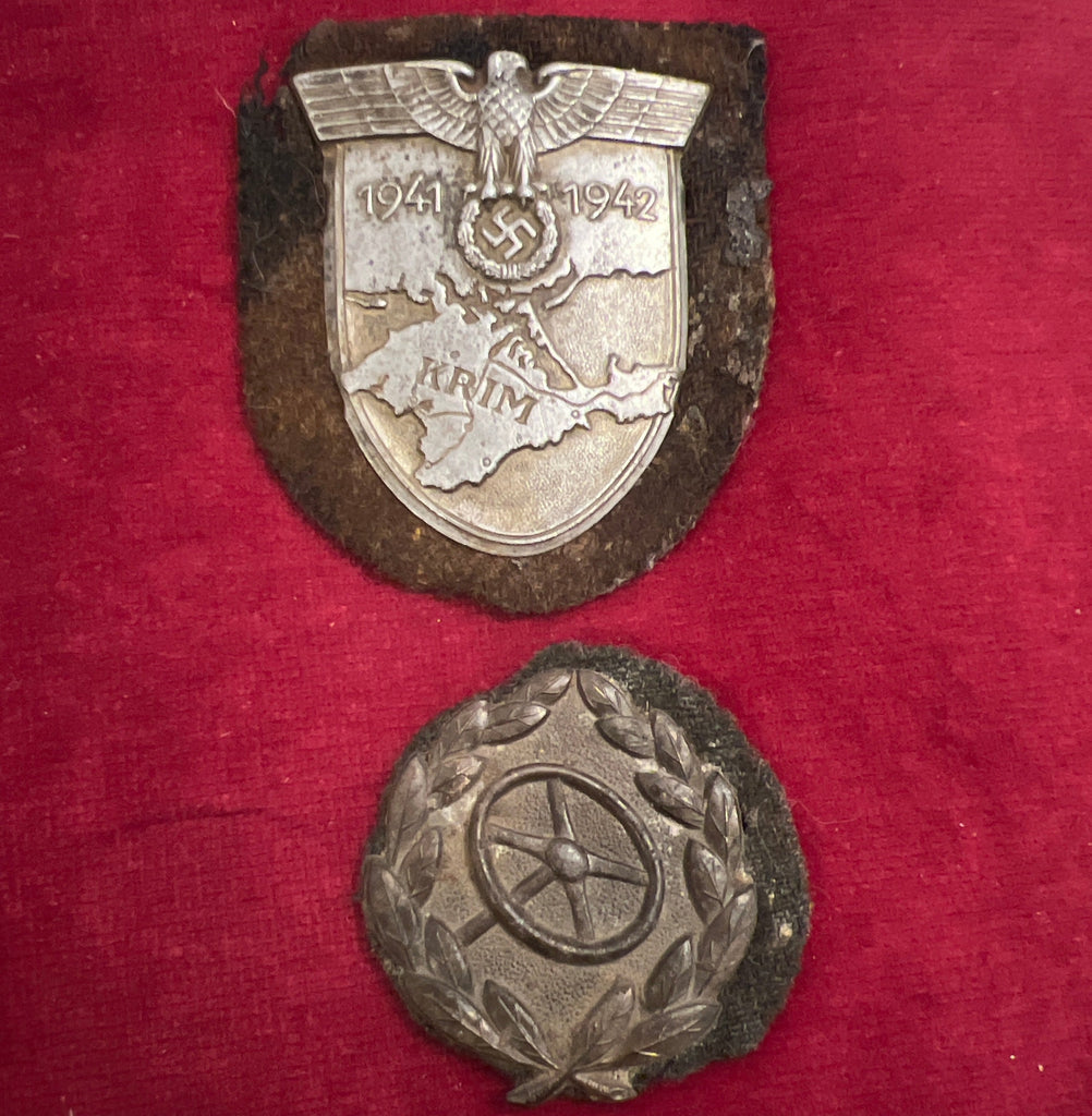 Nazi Germany, Krim Shield with Driver's Badge, bronze gilt, worn shield, came as a pair, with backing