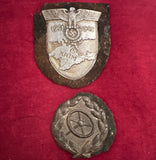 Nazi Germany, Krim Shield with Driver's Badge, bronze gilt, worn shield, came as a pair, with backing