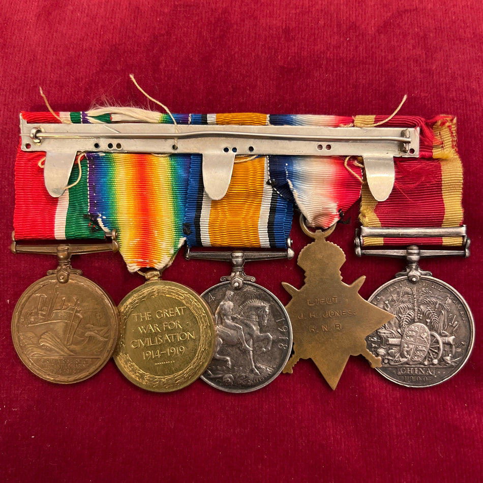 Group of 5 to A.B. John H. Jones, HMS Endymion on China War Medal, Lieutenant Royal Navy Reserve on WW1 trio, John H. Jones on Mercantile Marine Medal, unofficial bar on China War Medal