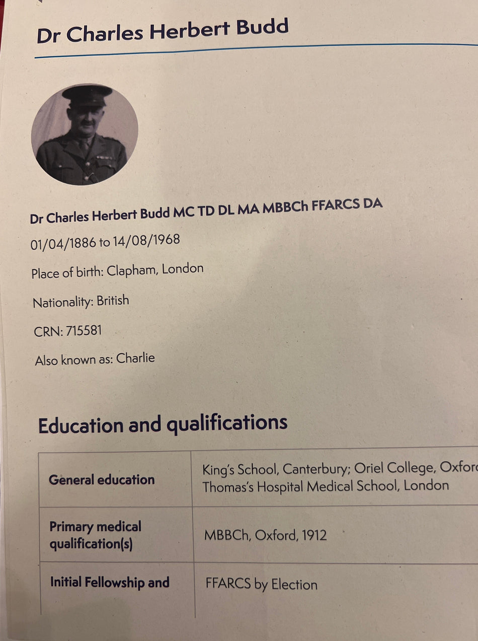 Doctor Charles Herbert Budd MC TD TL MA MBBCh FFARCS DA, saw several campaigns with the RAMC during WW1, Military Cross: 'Under heavy shelling, he went forward and dressed wounded, and dressed one man under full observation of the enemy.' See description