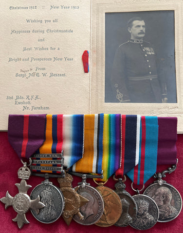 Group of 8 to Captain George William Beszant, MBE, Royal Artillery 1888-1913/ 1916-19, 12 Northumberland Fusiliers 1914-16, wounded at Battle of Loos 1915, his wife was killed in the blitz 1941, with research & original photo, a good lot, see description
