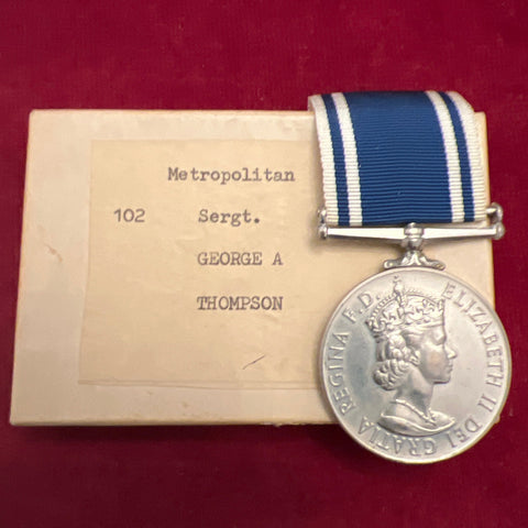 Police Long Service and Good Conduct Medal to Sergeant George A. Thompson, Metropolitan Police, believed to have served in the Scots Guards in WW2, includes some history