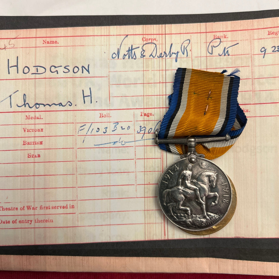 WW1 pair to Pte. Thomas H. Hodgson, Notts & Derby Regt.