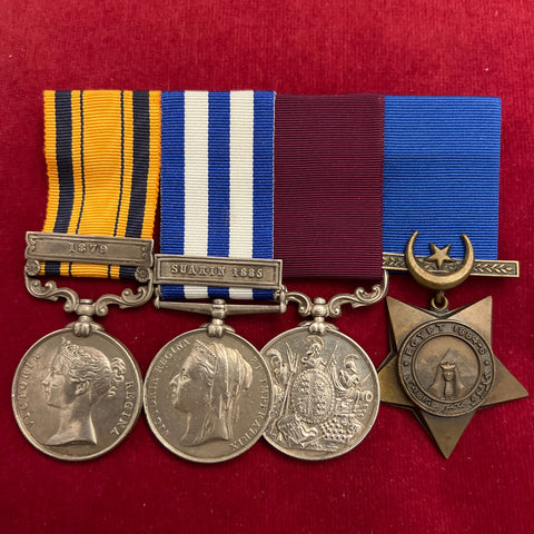 Group of 4 to 11055 Sapper William Barnecutt, C Troop, Royal Engineers: South Africa Medal, 1879 clasp, Egypt Medal Suakin 1885 clasp, Army Long Service and Good Conduct Medal, & Khedive's Star 1884-86, with full history & photo