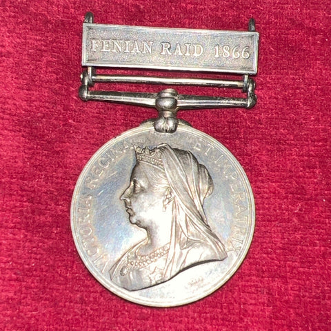 Canada General Service Medal, Fenian Raid 1866 bar, to Private G. Nicolson Brockville, 1st Company