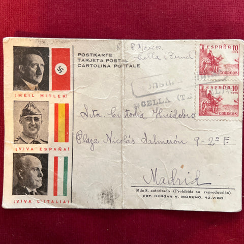 Spain, propaganda postcard, with the three allies: Hitler, Franco and Mussolini, scarce