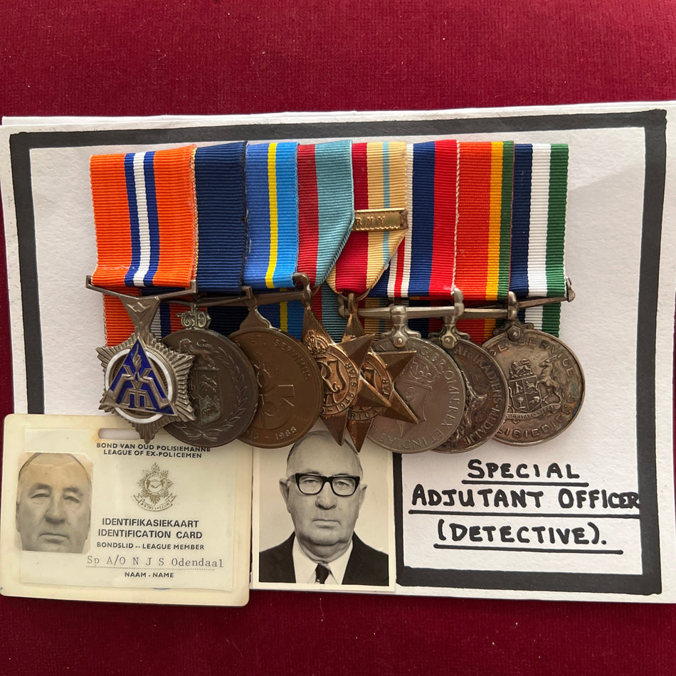 Group of 8 to Special Adjutant Officer (Detective) N. J. Odendaal, served in German South West Africa as a Detective Constable, he was awarded the Police Star of Merit on 1st January 1965, includes some research