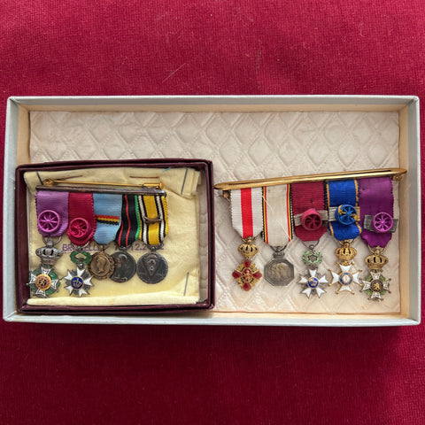 Belgium, 2 groups of miniatures, 1st: Order of Leopold/ Order of the Crown/ Albert Centenary/ Resistance Medal/ WW2 War Medal, & 2nd: Belgian Red Cross Medal/ Centenary of King Leopold 1830-1930/ Order of the Crown/ Order of Luxembourg/ Order of Leopold