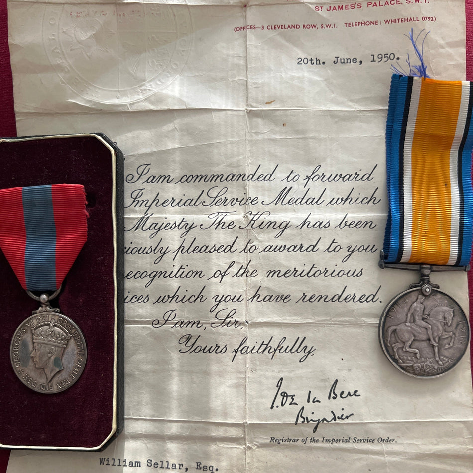 British War Medal & Imperial Service Medal to 183033 Gunner William Stellar, Royal Artillery, with Imperial Service Medal document, dated 1950