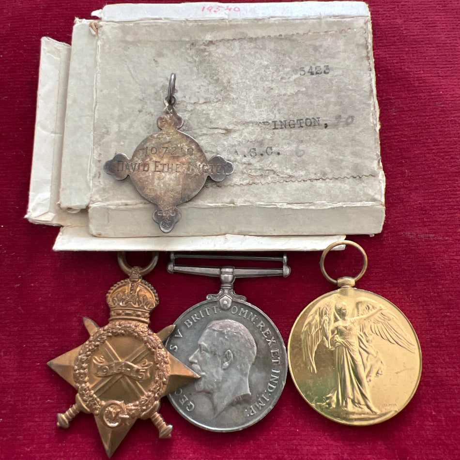 WW1 trio with St John silver medal, to RTS.3603 David P. Etherington, Army Service Corps, a saddler by trade in 1911, France 16th December 1914 to September 1919, from Darlington Durham