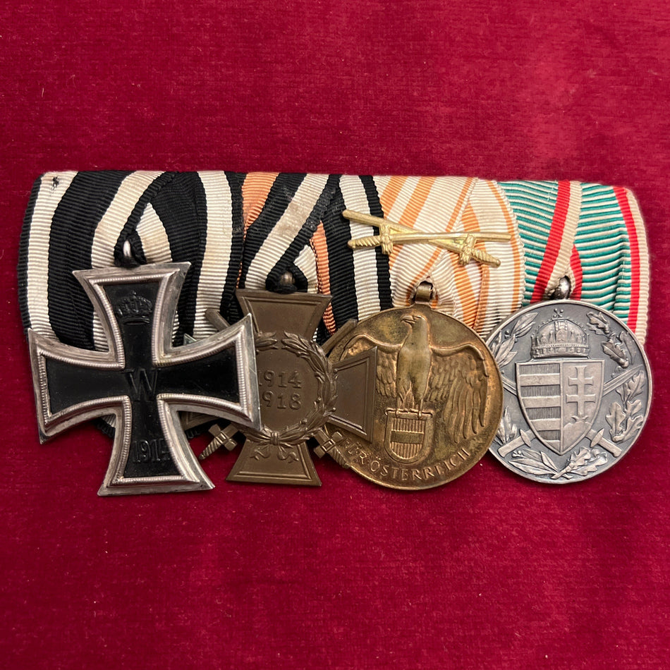 Germany/ Austria/ Hungary, WW1 group of 4: German Iron Cross 1914-18, German Cross of Honour 1914-18, Austrian War Medal with swords to ribbon & Hungary War Service Medal 1914-18, original mounted group