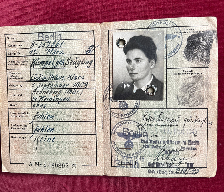 Nazi Germany, Kennkarte ID Card to Lydia Helene Klara, a civilian